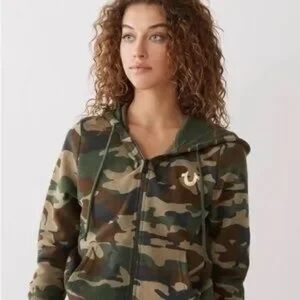 True Religion Womens Camo Buddha Classic Full  Zip Cropped Hoodie Size Small